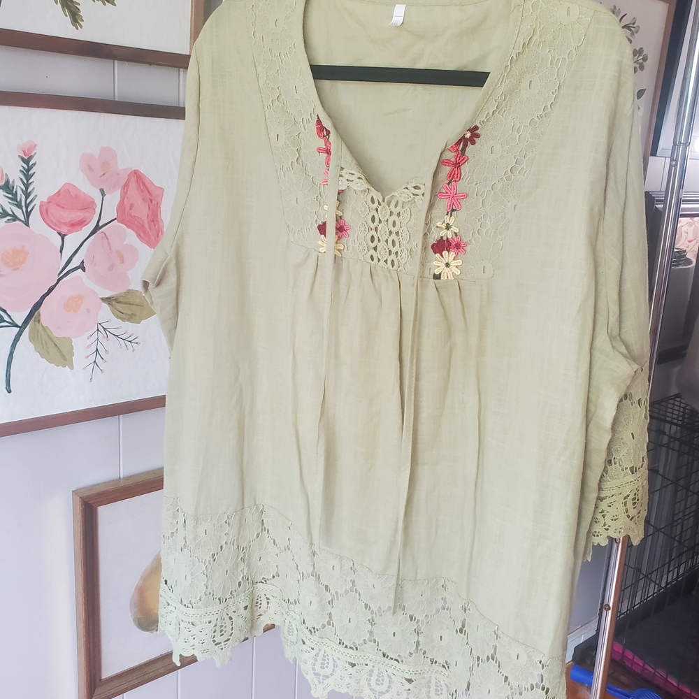 Source Unknown Olive Green Lace Blouse with Floral Accents